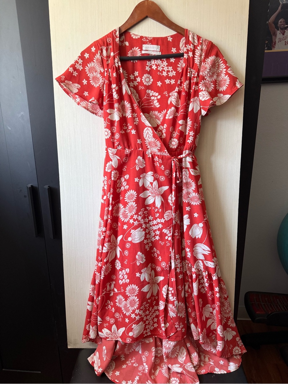 Urban Outfitters Red Floral High-Low Wrap Dress